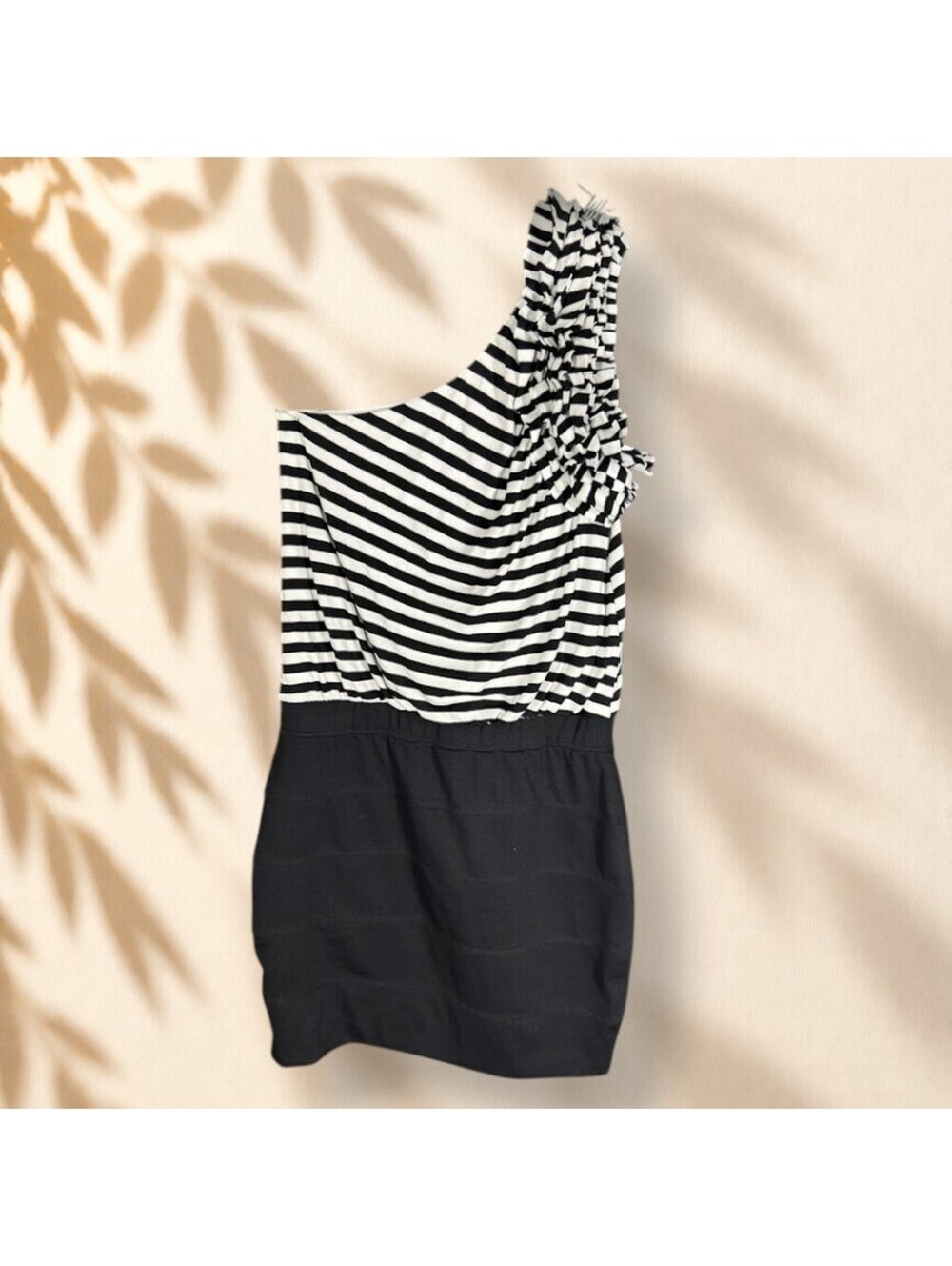 New Cache Mini Dress Women M Medium Black Striped Short On Shoulder Sleeveless